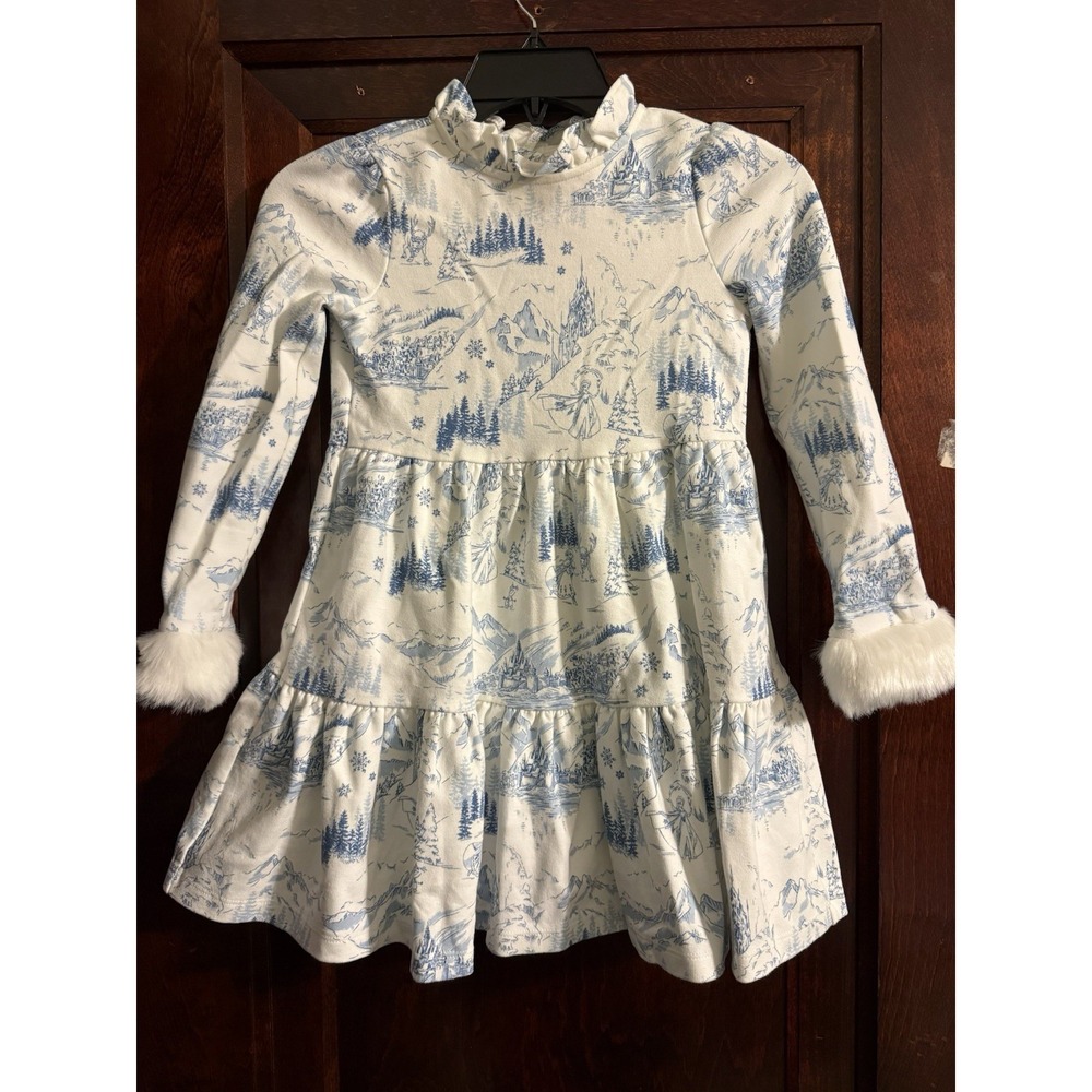 Janie And Jack Frozen Dress Size 7 Fur Trimmed Sleeves Blue And White